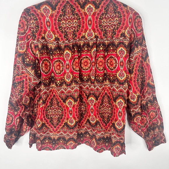 Carole Little  Mock Neck Blouse Sz M | Red Black Boho Abstract Print Long Sleeve - Picture 7 of 14
